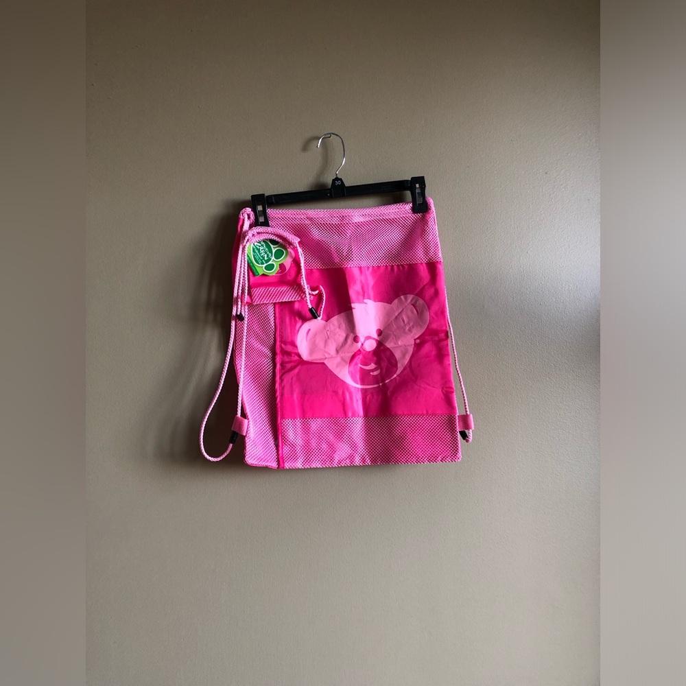 NWT Build-A-Bear Pink Mesh Drawstring Backpack Cinch Bag Plush Toy Carrier Set